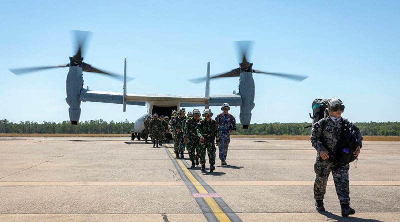Military personnel from Australia, Indonesia and the United States disembark a United States Marine Corps MV-22B Osprey at RAAF Base Darwin for Exercise Crocodile Response. Story by Lieutenant Gary McHugh. Photo by Leading Seaman Leo Baumgartner.
