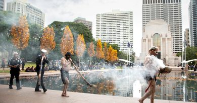 Local indigenous cultural performers conduct a smoking ceremony during the Indigenous Veterans Commemoration at Hyde Park, Sydney. Story by Corporal Jacob Joseph. Photo by Leading Seaman Susan Mossop.