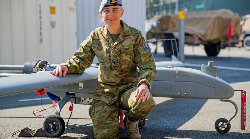 Sergeant Carly Box, from Headquarters 16th Aviation Brigade with a Shadow tactical uncrewed aerial system at 20th Regiment, Royal Australian Artillery at Enoggera Barracks, Queensland. Story and photo by Corporal Michael Rogers.