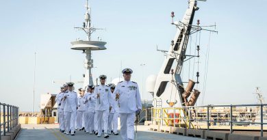 Commanding Officer HMAS Launceston Lieutenant Commander Adrian Hicks leads ship’s company on parade during a decommissioning ceremony at HMAS Coonawarra, Darwin. Story by Lieutenant Harrison Thomas. Photo by Leading Seaman Leo Baumgartner.