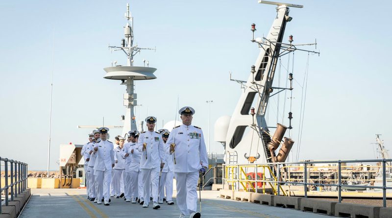 Commanding Officer HMAS Launceston Lieutenant Commander Adrian Hicks leads ship’s company on parade during a decommissioning ceremony at HMAS Coonawarra, Darwin. Story by Lieutenant Harrison Thomas. Photo by Leading Seaman Leo Baumgartner.