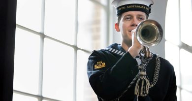 Able Seaman Musician Phillip Eden sounds the Last Post during a memorial service to mark the 81st anniversary of the sinking of HMAS Kuttabul at Garden Island, New South Wales. Story by Lieutenant Brendan Trembath. Photo by Leading Seaman Matthew Lyall.