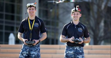 Flight Lieutenant Nicholas Eberl (left) and Flight Lieutenant Jake Dell-O’Sullivan fly their racing drones. Story by Squadron Leader Chloe Stevenson. Photo by Private Nicholas Marqui.