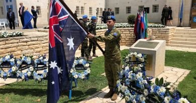 Major Andrew Moses as the Australian flagbearer for the 75th anniversary to the United Nations Truce Supervision commemorative event in Jerusalem, Israel. Story by Major Carrie Robards.