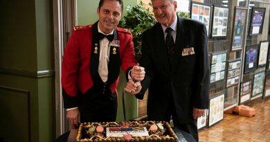 19th Chief Engineer Works Commanding Officer Lieutenant Colonel Michael Woods, left, and former Commanding Officer Lieutenant Colonel (retd) John Hopman cut the cake at the 60th anniversary of 19CEW at Randwick Barracks in Sydney. Story by Captain Evita Ryan. Photo by Corporal Lucas Petersen.