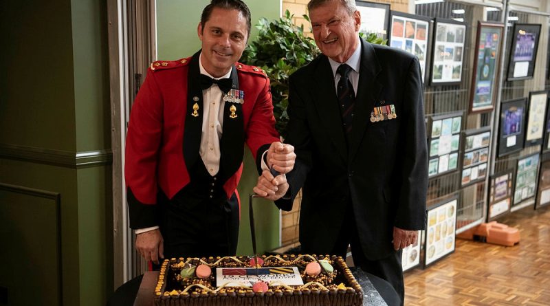 19th Chief Engineer Works Commanding Officer Lieutenant Colonel Michael Woods, left, and former Commanding Officer Lieutenant Colonel (retd) John Hopman cut the cake at the 60th anniversary of 19CEW at Randwick Barracks in Sydney. Story by Captain Evita Ryan. Photo by Corporal Lucas Petersen.