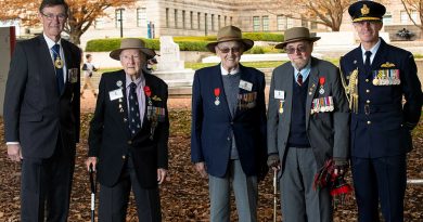 Air Chief Marshal (retd) Sir Angus Houston, Ron Houghton, President of the Bomber Command Association of Australia, Bert Adams, Max Barry and Chief of Air Force Air Marshal Robert Chipman at the Australian War Memorial, Canberra. Story by Squadron Leader Bruce Chalmers. Photo by Leading Aircraftman Ryan Howell.