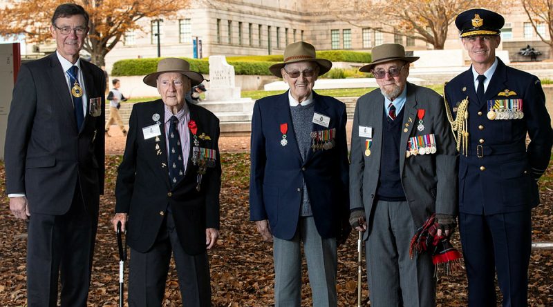 Air Chief Marshal (retd) Sir Angus Houston, Ron Houghton, President of the Bomber Command Association of Australia, Bert Adams, Max Barry and Chief of Air Force Air Marshal Robert Chipman at the Australian War Memorial, Canberra. Story by Squadron Leader Bruce Chalmers. Photo by Leading Aircraftman Ryan Howell.