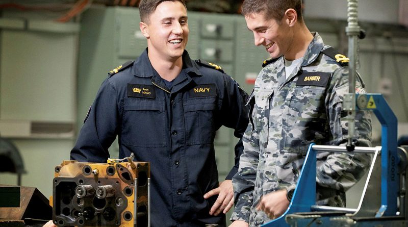 Engineering officer trainees Royal New Zealand Navy Sub-Lieutenant Aron Mago, left, and Royal Australian Navy Sub-Lieutenant Jarad Barber at HMAS Cerberus’ technical training faculty. Story by Sub-Lieutenant Tahlia Merigan. Photo by Petty Officer Nina Fogliani.