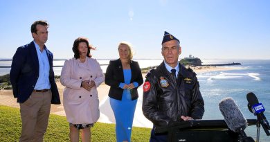 Head of Air Shows Air Commodore Micka Gray announces the Air Force Newcastle Williamtown Air Show 2023 during a media conference at Fort Scratchley, Newcastle, with Port Stephens Council General Manager Tim Crosdale, left, Federal Member for Patterson Meryl Swanson and Lord Mayor of Newcastle Nuatali Nelmes. Story by Squadron Leader Courtney Jay. Photo by Corporal Craig Barrett.