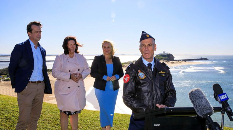 Head of Air Shows Air Commodore Micka Gray announces the Air Force Newcastle Williamtown Air Show 2023 during a media conference at Fort Scratchley, Newcastle, with Port Stephens Council General Manager Tim Crosdale, left, Federal Member for Patterson Meryl Swanson and Lord Mayor of Newcastle Nuatali Nelmes. Story by Squadron Leader Courtney Jay. Photo by Corporal Craig Barrett.