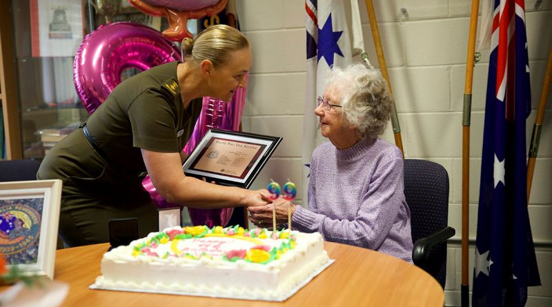 Director Recruiting – Army Colonel Kimberlea Juchniewicz congratulates veteran Signaller Norma Eggleston as she celebrated her 99th birthday at the Woden RSL club sub-branch, Canberra. Story by Major Anne-Maree Hunt. Photo by Lieutenant Colonel David Hankin.