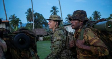 Captain Chris Wetherell pack marches alongside members of the Papua New Guinea Engineer Battalion during a partnership visit in Lae, Papua New Guinea. Story by Major Taylor Lynch. All photos by Warrant Officer Class Two Neil Ruskin.