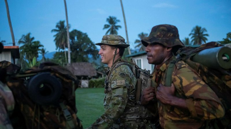 Captain Chris Wetherell pack marches alongside members of the Papua New Guinea Engineer Battalion during a partnership visit in Lae, Papua New Guinea. Story by Major Taylor Lynch. All photos by Warrant Officer Class Two Neil Ruskin.