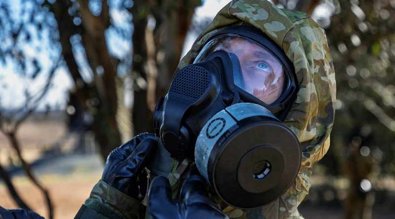 Staff cadets of the Royal Military College - Duntroon conduct a buddy check during chemical, biological, radiological and nuclear training at Majura Training Area. Story by Leading Aircraftwoman Emma Schwenke. All photos by Sergeant Sagi Biderman.