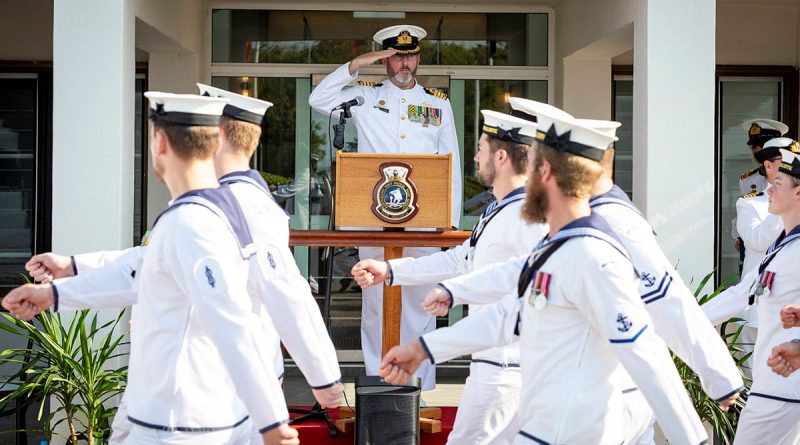 Captain Simon Cannell salutes as the ships company of ADV Cape Naturaliste march past during a Homeporting ceremony at Larrakeyah Defence Precinct, Darwin. Story by Acting Sub-Lieutenant Elyce Hayes. All photos by Leading Seaman Leo Baumgartner.