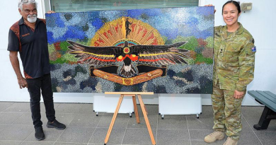 Uncle Allan Charles Lena and his artwork at Kokoda Barracks, with Lieutenant Colonel Alana Burkitt. Story by Sergeant Matthew Bickerton.