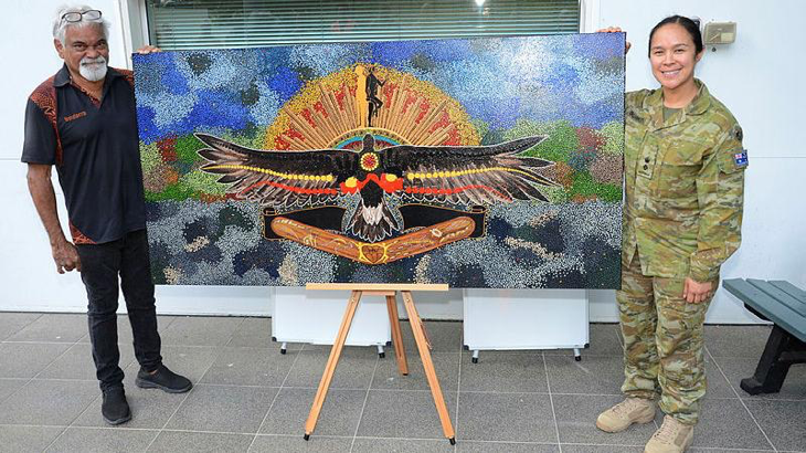 Uncle Allan Charles Lena and his artwork at Kokoda Barracks, with Lieutenant Colonel Alana Burkitt. Story by Sergeant Matthew Bickerton.