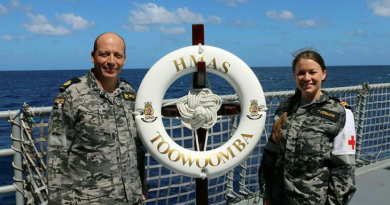 Warrant Officer Bentley, left, and Lieutenant Tyermann on board HMAS Toowoomba. Story by Lieutenant Commander Kieran Davis. Photo by Able Seaman Shaun Siltic.