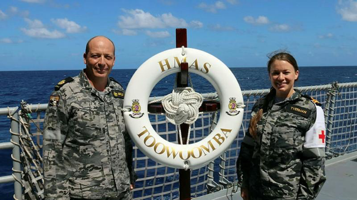 Warrant Officer Bentley, left, and Lieutenant Tyermann on board HMAS Toowoomba. Story by Lieutenant Commander Kieran Davis. Photo by Able Seaman Shaun Siltic.