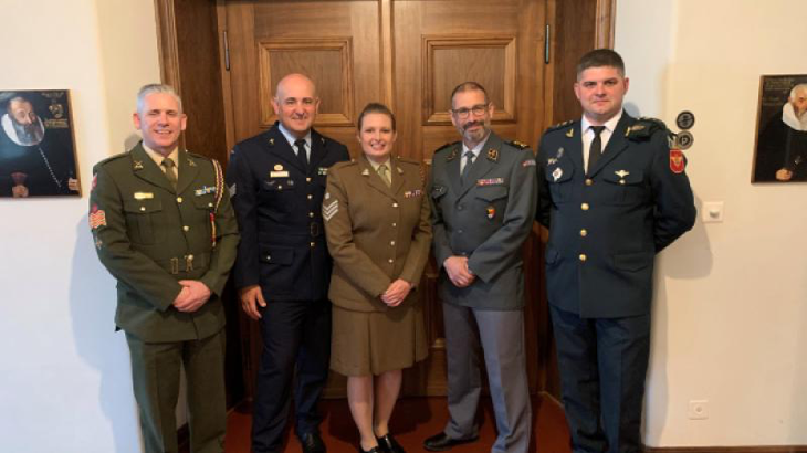 Sergeant Edward Goldner (second from left) was joined by others from the Switzerland Armed Forces and the British, Irish and Moldovian Armies during the NATO Intermediate Leadership Course in Switzerland. Story by John Noble. Photo by Warrant Officer Class 2 Samantha Crowe.