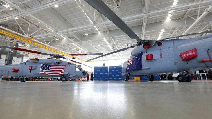 A pair of US Navy and Royal Australian Navy MH-60R Seahawk helicopters at the Sikorsky Australia facilities in Nowra, NSW. Story by Emma Taylor. Photo by Petty Officer Peter Thompson.