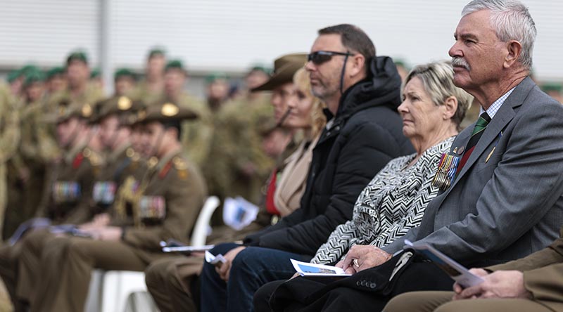 Doug and Kaye Baird, parents of Australian Army soldier Corporal Cameron Baird, VC, MG, and Cameron's brother Brendan Baird at the 2nd Commando Regiment memorial service, Holsworthy Barracks, Sydney, to mark the 10th anniversary of Corporal Baird's death in action in Afghanistan. Photo by Corporal Lisa Sherman.