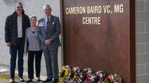 Brendan, Kaye and Doug Baird at the 2nd Commando Regiment conference centre named in honour of Corporal Cameron Baird VC MG. Photo by Corporal Lisa Sherman.