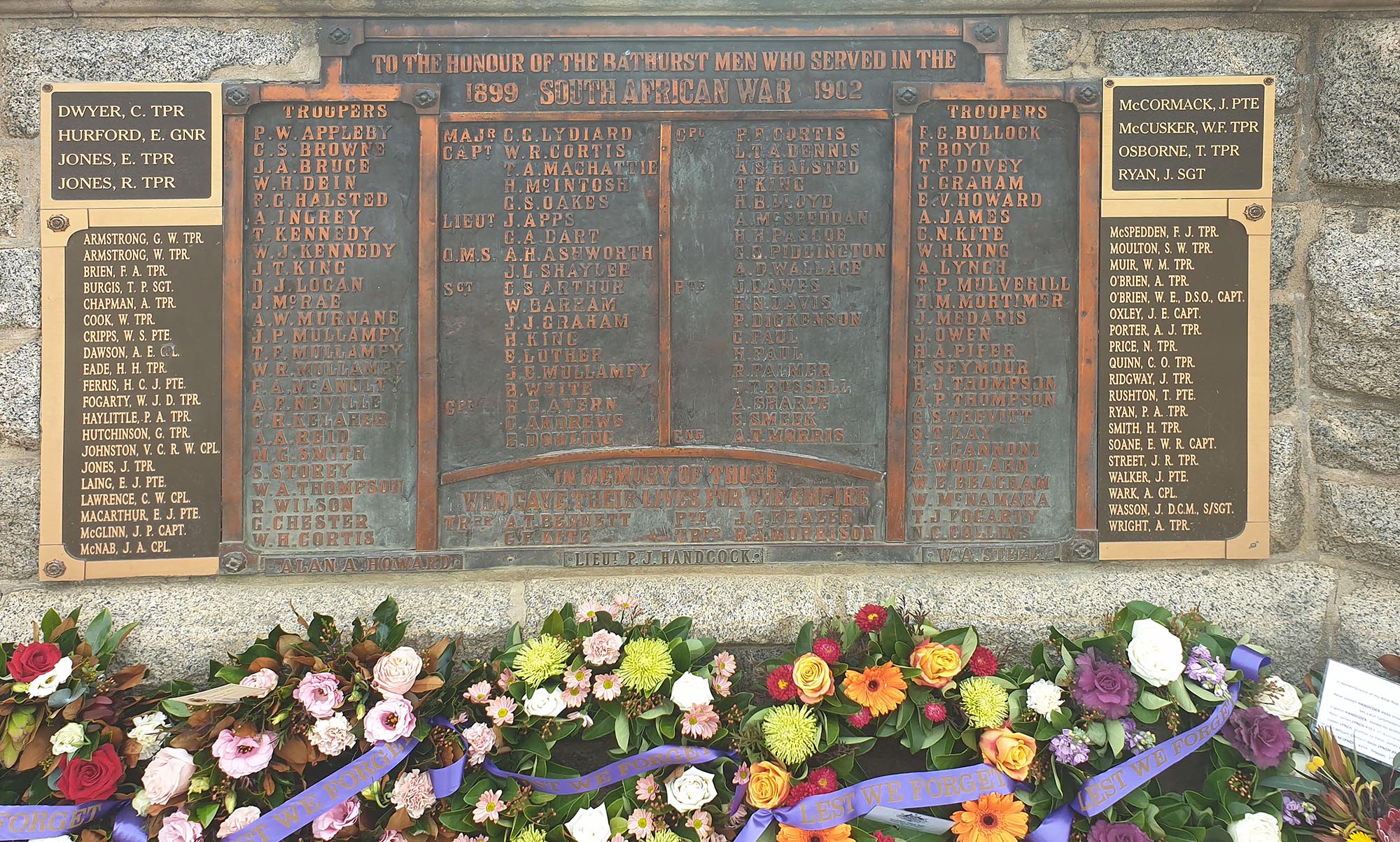 The Bathurst Boer War Memorial dedication plaque featuring the names of local men who served in the Boer War – including Lieutenant Peter Handcock, whose name was added in 1964 (bottom centre).