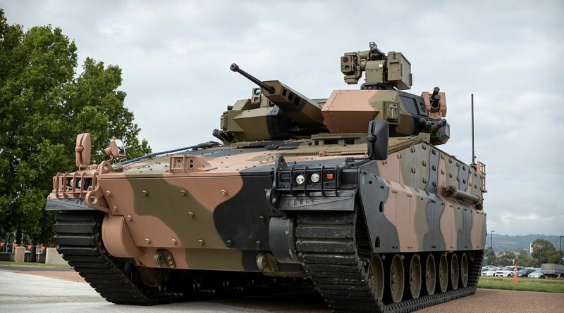 A Redback infantry fighting vehicle on display in Canberra. Army will take delivery of 129 of the vehicles, to be built in Geelong. Photo by Andrew Green.