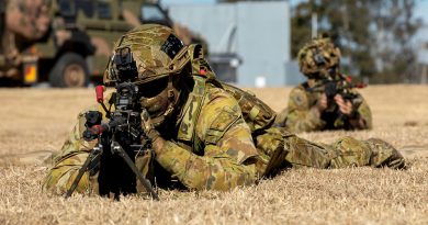 Aviators from 2 Security Forces Squadron (2SECFOR) dismount from a Bushmaster protected mobility vehicle during Exercise Nomad Walk at RAAF Base Amberley, Queensland. Story by Flight Lieutenant Claire Campbell. All photos by Corporal Kieren Whitely.