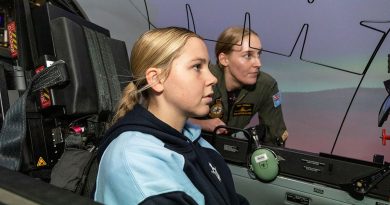 2 Flying Training School trainee Pilot Officer Gabrielle Adamson takes Air Force Indigenous Youth Program participant Indiana Baines through the paces of a Pilatus PC-21 simulated flight at RAAF Base Pearce, WA. Story by Stephanie Hallen. All photos by Flying Officer Michael Thomas.