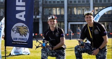 President of the Air Force Drone Racing Association (AFDRA) Flight Lieutenant Jake Dell-O’Sullivan and Vice President of AFDRA, Flight Lieutenant Nicholas Eberl, at the Air Force Drone Racing Association expo day at Russell Offices, Canberra. Story by Captain Sarah Vesey. Photo by Private Nicholas Marquis.