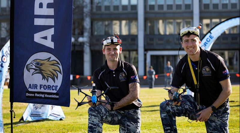 President of the Air Force Drone Racing Association (AFDRA) Flight Lieutenant Jake Dell-O’Sullivan and Vice President of AFDRA, Flight Lieutenant Nicholas Eberl, at the Air Force Drone Racing Association expo day at Russell Offices, Canberra. Story by Captain Sarah Vesey. Photo by Private Nicholas Marquis.