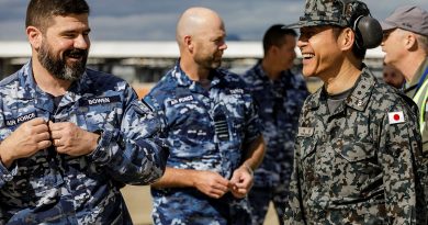 Japan Air Self-Defense Force, Major General Hiroaki Sakanashi, right, with Wing Commander Neil Bowen at 33 Squadron, RAAF Base Amberley, Queensland. Story by Flight Lieutenant Julia Ravell. Photo by Leading Aircraftwoman Taylor Anderson.