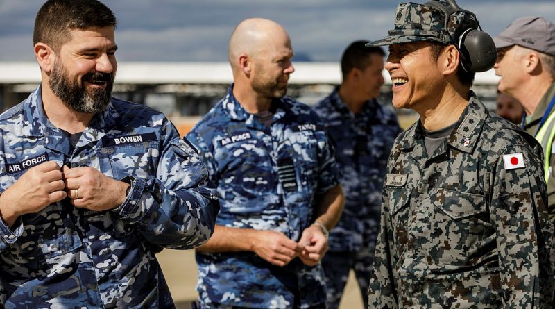 Japan Air Self-Defense Force, Major General Hiroaki Sakanashi, right, with Wing Commander Neil Bowen at 33 Squadron, RAAF Base Amberley, Queensland. Story by Flight Lieutenant Julia Ravell. Photo by Leading Aircraftwoman Taylor Anderson.