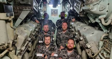 Marine Engineering Training and Engineering Operator Remediation Plan (Plan METEOR) students and staff in the diesel engine enclosure of HMAS Perth. Story by Chief Petty Officer Mitchell Austin and Sub-Lieutenant Taylor Bell-Booth, Royal New Zealand Navy.