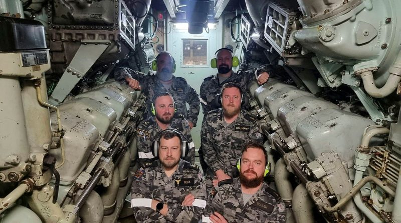 Marine Engineering Training and Engineering Operator Remediation Plan (Plan METEOR) students and staff in the diesel engine enclosure of HMAS Perth. Story by Chief Petty Officer Mitchell Austin and Sub-Lieutenant Taylor Bell-Booth, Royal New Zealand Navy.