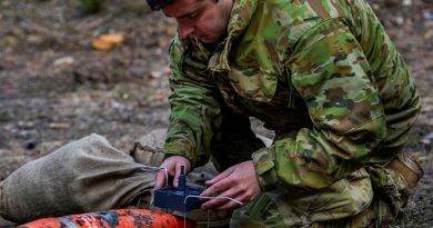 Army Corporal Nathan Jones, part of the Joint Explosives Ordnance Support explosive ordnance disposal team, places a charge during Exercise Nepean Harvest 23 at Marrangaroo Military Training Area. Story by Captain Thomas Kaye. Photo by Sergeant Brodie Cross.