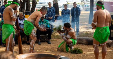 Performers from Wulgurukaba Traditional Custodian Group participate in a smoking ceremony to celebrate the opening of the yarning circle at RAAF Base Townsville. Story by Flying Officer Sharon Sebastian. All photos by Leading Aircraftman Ryan Howell.