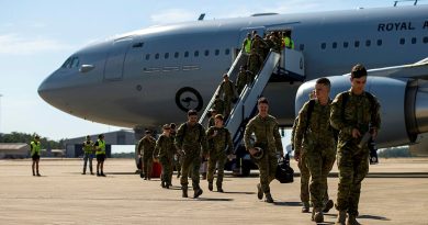 Australian Army soldiers disembark a RAAF KC-30A Multi-Role Tanker Transport at RAAF Base Darwin after their deployment to the United Kingdom on Operation Kudu. Story by Captain Annie Richardson. Photo by Captain Annie Richardson.