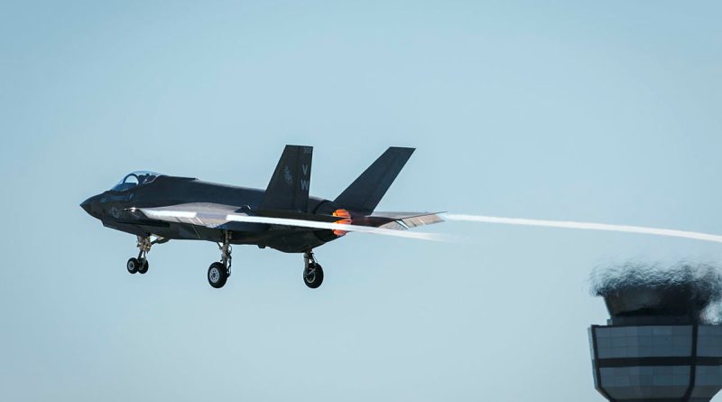 A United States Marine Corps F-35C Lightning II aircraft, from Marine Fighter Attack Squadron 314 (Black Knights), departs from RAAF Base Williamtown, NSW. Story by Flying Officer Connor Bellhouse. Photo byLeading Aircraftman Samuel Miller.