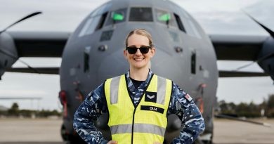 Corporal Teneale Olm from 22 Squadron Air Movements section stands in front of a US Air Force AC-130J Ghostrider at RAAF Base Richmond during Exercise Teak Action. Story by Flight Lieutenant Claire Campbell. Photo by Corporal John Solomon.