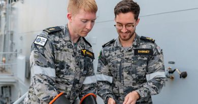 Marine technicians Able Seaman Liam Duncan (left) and Leading Seaman Aaron Dabinet work on one of HMAS Anzac’s capstans control panels during a scheduled maintenance period in Sembwang, Singapore. Story by Lieutenant Max Logan. Photo by Leading Seaman Jarryd Capper.