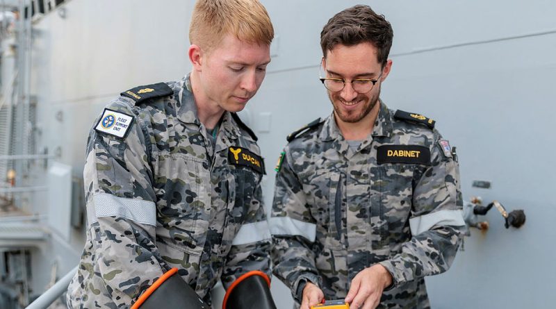 Marine technicians Able Seaman Liam Duncan (left) and Leading Seaman Aaron Dabinet work on one of HMAS Anzac’s capstans control panels during a scheduled maintenance period in Sembwang, Singapore. Story by Lieutenant Max Logan. Photo by Leading Seaman Jarryd Capper.