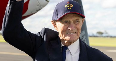 Squadron Leader Ted McConchie (retd) smiles in front of a CAC CA-18 Mustang at RAAF Base Point Cook, Victoria. Story by Flying Officer Rosetta Gigliotti. Photo by Leading Aircraftwoman Paris Rigney.