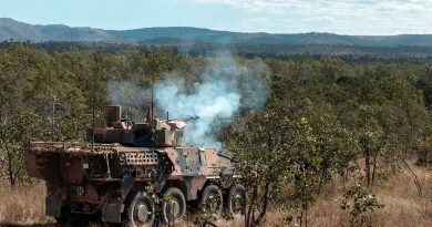 An Army Boxer combat reconnaissance vehicle from 2nd/14th Light Horse Regiment (Queensland Mounted Infantry) conducts a live-fire activity on Exercise Diamond Strike 23. Story by Major Roger Brennan. Photo by corporal Nicole Dorrett.