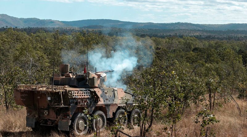 An Army Boxer combat reconnaissance vehicle from 2nd/14th Light Horse Regiment (Queensland Mounted Infantry) conducts a live-fire activity on Exercise Diamond Strike 23. Story by Major Roger Brennan. Photo by corporal Nicole Dorrett.