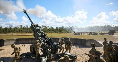 Gunners from the 4th Regiment, Royal Australian Artillery, fire M777 howitzers in support of infantry during Exercise Sea Raider. Photo by Lieutenant Stephen Hunter.