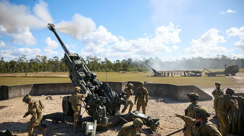 Gunners from the 4th Regiment, Royal Australian Artillery, fire M777 howitzers in support of infantry during Exercise Sea Raider. Photo by Lieutenant Stephen Hunter.